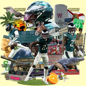 Puede incluir: Un collage con jugadores de fútbol de los Eagles de Filadelfia, un casco y varios elementos temáticos de Florida. Incluye una señal de tráfico, un caimán y el texto "Williston Fire Department."