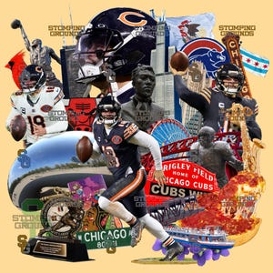 Puede incluir: Un collage con equipos deportivos y lugares emblemáticos de Chicago. Incluye imágenes de jugadores de fútbol americano, un letrero de estadio de béisbol, una noria y el horizonte de Chicago. El texto "STOMPING GROUNDS" se repite.