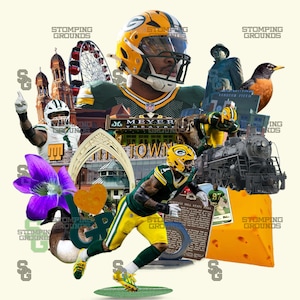 May include: A collage featuring Green Bay Packers football players, a Ferris wheel, a train, a robin, a purple flower, and a cheese wedge. The text "STOMPING GROUNDS" is repeated throughout the image.