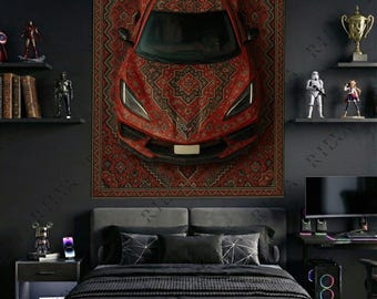 Corvette C8 Wall Tapestry – Car Wall Art, Persian Style Automotive Decor, Large Fabric Hanging