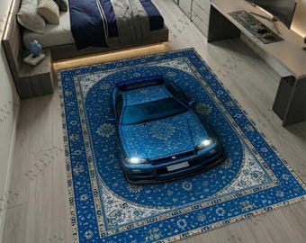 Nissan Skyline R34 - Vintage Car Rug – Customizable License Plate, Retro Persian Style