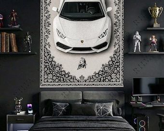 White Lamborghini Huracan Tapestry - Luxury Car Wall Art, Modern Decor