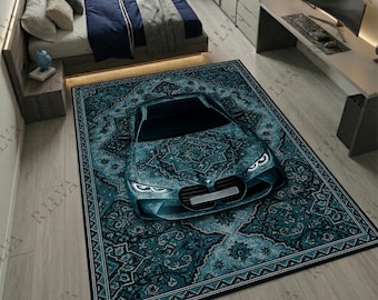 BMW M4 CS - Custom Car Rug – Personalized License Plate, Oriental Persian Design