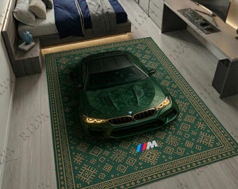 BMW M5 CS Area Rug – Green Scandinavian Pattern Floor Rug, Car Lover Room Decor
