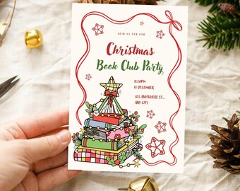 Editable Christmas Book Club Invitation – Holiday Book Exchange Invite – Printable Digital Download – Canva Template