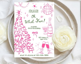 May include: A festive invitation with pink and green illustrations. The design includes a Christmas tree, champagne bottle, disco ball, and the text "Oh What Fun!" RSVP details are also included.