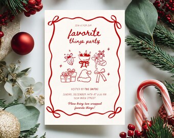 Invito alla festa "Cose preferite", invito alla festa di Natale per ragazze, scambio di regali di Natale modificabile, festa stravagante disegnata a mano, digitale