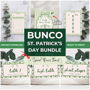 May include: A St. Patrick's Day Bunco party bundle with invitations and bonus items. The design features green and white striped backgrounds, shamrocks, and dice. Includes table cards and score sheets. The text reads "Bunco St. Patrick's Day Bundle".