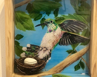 Mixed media Hummingbird and Nest wall art