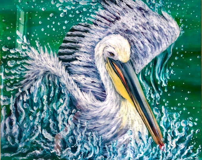 White pelican painting on wood panel