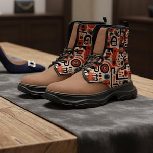 May include: A pair of brown ankle boots with a black sole and patterned fabric panels featuring red, orange, and white abstract designs. The boots are laced up and sit on a gray runner on a wooden table. A blue high heel shoe is in the background.