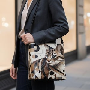 Può includere: Borsa a tracolla color crema con un design geometrico e un ritratto stilizzato di gatto. La borsa ha una tracolla nera. La persona indossa un blazer grigio scuro e jeans blu.