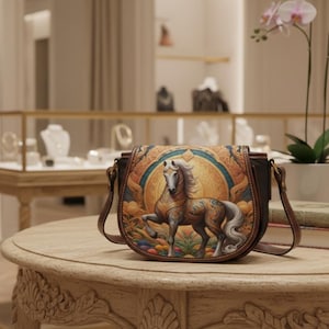 May include: A brown leather crossbody bag with a detailed illustration of a horse. The bag has a flap closure and a long adjustable strap. The horse illustration is set against a golden background with a blue circle.