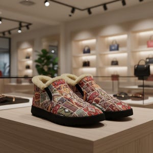 Puede incluir: Un par de botines sin cordones estampados con suela negra y forro de piel sintética. Los botines se exhiben sobre una superficie de madera en una tienda minorista. Los botines presentan un diseño de patchwork con tonos rojos, verdes y marrones.