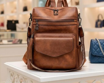 Mochila vintage marrón de PU – Mochila urbana de viaje retro para mujer