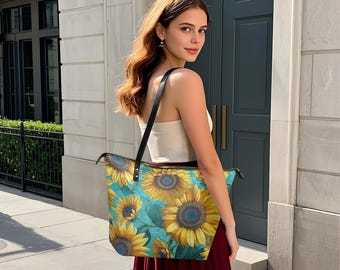 Bolso Tote Boho Girasol, Bolso de Cuero Vegano (Grande con Correa Crossbody)
