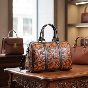 Pode incluir: Uma mala de viagem de couro castanho com um padrão floral em relevo. A mala tem uma pega superior e uma alça de ombro. Outras malas de couro castanho estão no fundo, numa mesa de madeira.