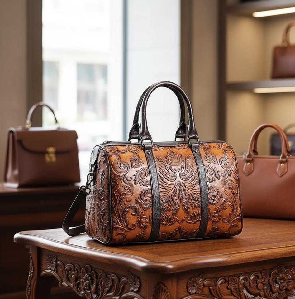 Johnature Borsa vintage in rilievo Borsa da donna in pelle dipinta a