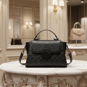 Könnte beinhalten: Schwarze Handtasche mit strukturiertem Überschlag und Karomuster auf dem Hauptteil. Die Tasche hat einen oberen Griff und einen abnehmbaren Schultergurt. Der Überschlag hat eine reptilienartige Textur und ein kreisförmiges Emblem.