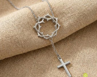 Collar de cruz de espinas en cobre bañado en platino, cadena ajustable de 45 cm