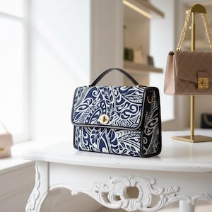 May include: A navy and white patterned handbag with a black handle and gold clasp. The bag is on a white table. The design is geometric. Another handbag is displayed in the background. The bag's dimensions are approximately 25 cm x 20 cm.