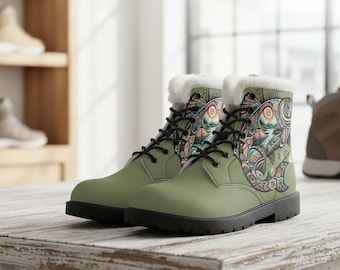 Wasserdichte vegane Stiefeletten – mit Kunstfellfutter, bedruckte Seiten