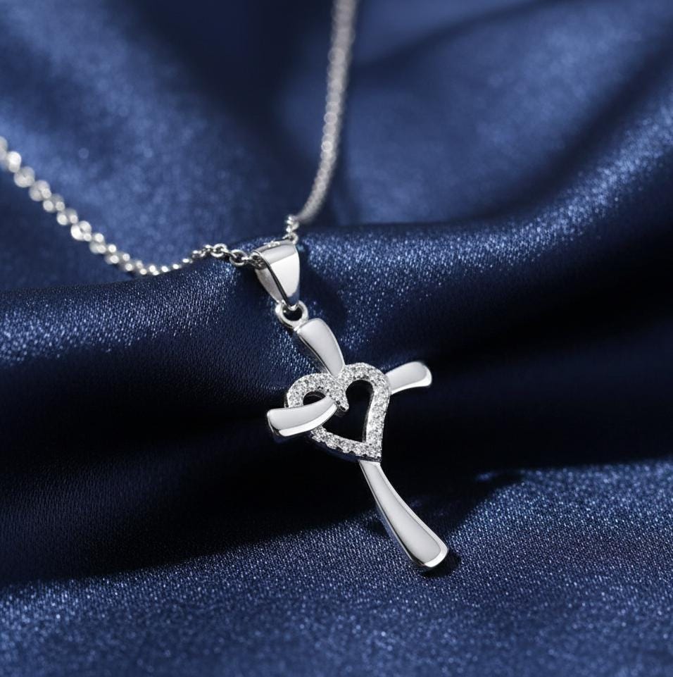 Pendentif Croix Avec Cœurs émaillés Violet - Alliage Argenté, Longueur 7x4 Cm, Occasion Bon état