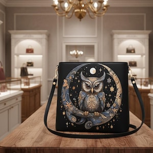 Può includere: Borsa a tracolla nera con un design a gufo. Il gufo è appollaiato su una luna crescente con stelle e dettagli floreali. La borsa ha una tracolla lunga e regolabile e finiture dorate. La borsa è esposta su un tavolo di legno.