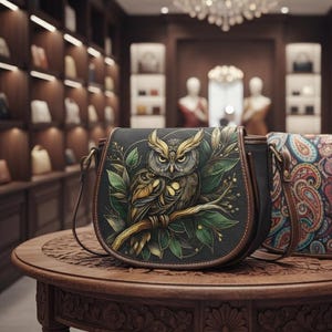 Può includere: Borsa a tracolla in pelle nera con una dettagliata illustrazione di un gufo sul davanti. Il gufo è appollaiato su un ramo con foglie verdi. La borsa ha finiture e cinturino marroni, appoggiata su un tavolo di legno intagliato.