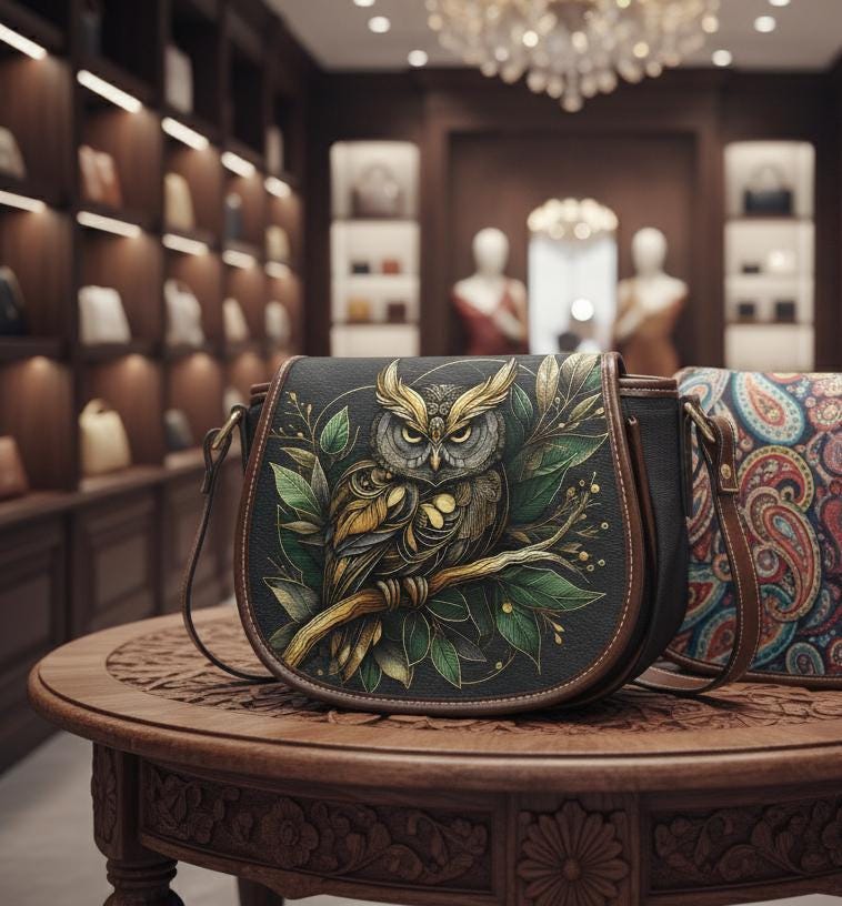 Owl Saddle Bag: Bohemian PU Leather Crossbody (Emerald Gold Print)