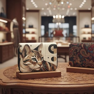 Può includere: Un portafoglio color crema con cerniera e un ritratto stilizzato di ocelot. Il portafoglio ha una cerniera nera ed è esposto su un supporto di legno. È visibile anche un altro portafoglio con un motivo paisley.