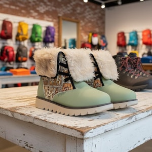 May include: A pair of light green winter boots with faux fur trim and patterned fabric accents. The boots have a thick, off-white sole and black laces. Other boots and backpacks are visible in the background.