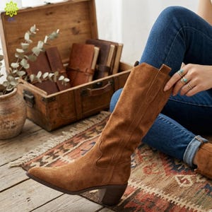 Retro Suede Knee Boots: Western Style, Pointed Toe, Square Heel image 3