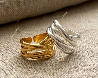 Anillo de plata esterlina ajustable con líneas cruzadas, anillo banda, regalo para ella