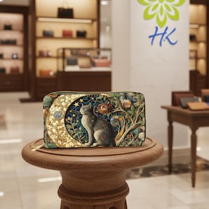 Può includere: Un portafoglio rettangolare con chiusura a zip, con un design a gatto. L'opera d'arte include una luna crescente, stelle ed elementi floreali nei toni dell'oro, del blu e del verde. Il portafoglio è esposto su un tavolino rotondo di legno.