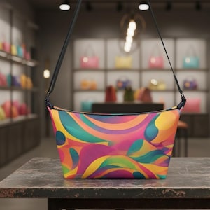 Puede incluir: Un bolso bandolera colorido con un diseño abstracto vibrante en tonos de rosa, amarillo, verde y azul. El bolso tiene una correa negra y se muestra sobre una superficie texturizada. El fondo muestra una tienda con otros bolsos.