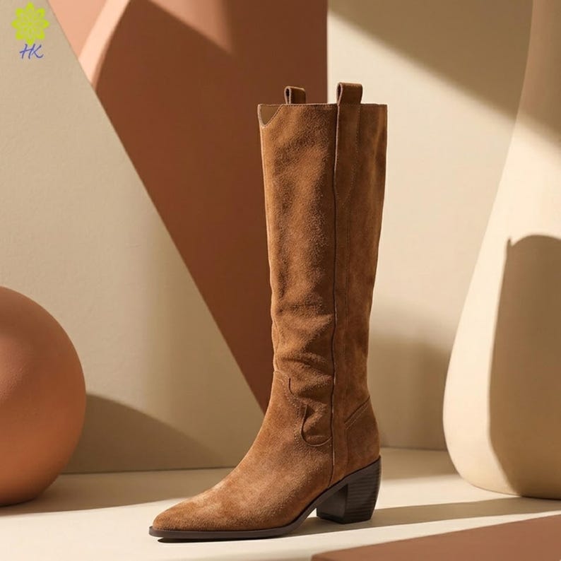 Retro Suede Knee Boots: Western Style, Pointed Toe, Square Heel image 10