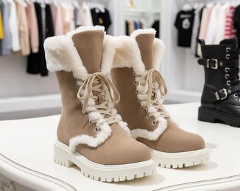 Cozy Brown Suede Snow Boots - Fleece Lined, Mid-Calf Lace-Up