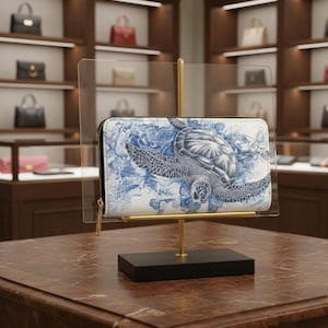 Könnte beinhalten: Eine weiß-blaue Geldbörse mit Schildkrötenmuster, präsentiert auf einem goldenen Ständer mit schwarzem Sockel. Die Geldbörse hat einen Reißverschluss und wird vor Regalen mit Handtaschen ausgestellt.