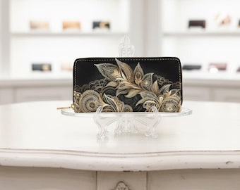 Barocke PU-Leder-Langgeldbörse, Schwarz mit goldener Blumenprägung (Rundum-Reißverschluss)