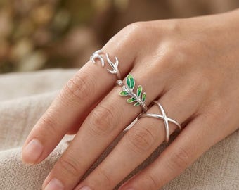 Set de anillos abiertos minimalistas plateados con hoja geométrica ajustable, regalo para ella