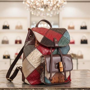 Puede incluir: Una mochila de cuero patchwork multicolor con solapa y bolsillo delantero. La mochila presenta paneles rojos, marrones y azules. El bolsillo delantero tiene un cierre de bambú.