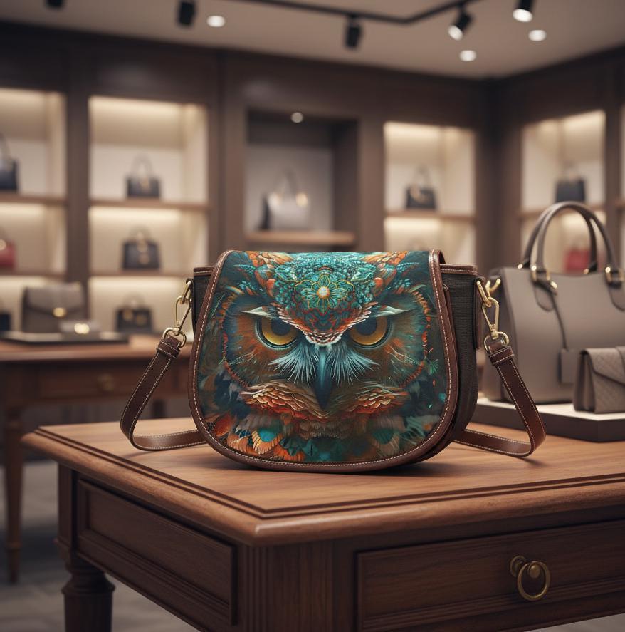 Boho PU Leather Saddle Bag, Mystic Owl Flap (Adjustable Strap)