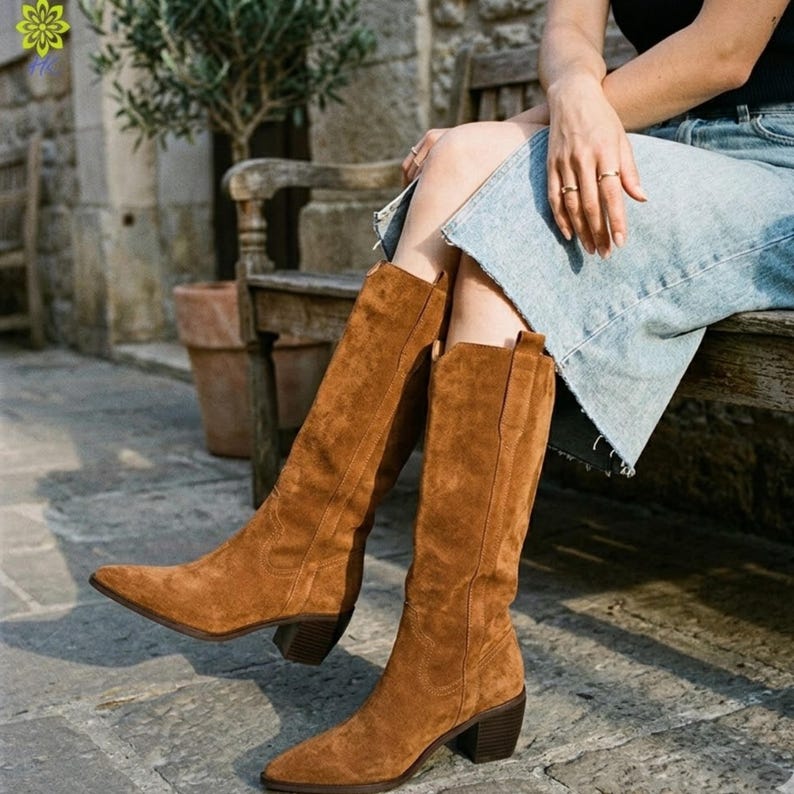 Retro Suede Knee Boots: Western Style, Pointed Toe, Square Heel image 6