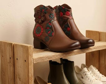Vintage Floral Cowhide Boots, Brown Leather Mid-Heel (Women’s Ankle)