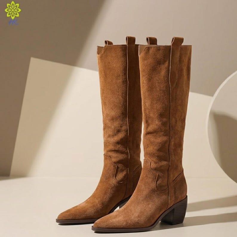 Retro Suede Knee Boots: Western Style, Pointed Toe, Square Heel image 11