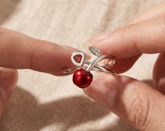 Anillo cereza en plata 925 ajustable abierto, regalo para ella