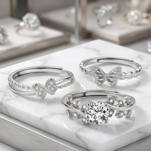 May include: Three silver rings with clear gemstones. One ring features a butterfly design, another has a large round stone, and the third has a double band with a butterfly. The rings are displayed on a white marble surface.