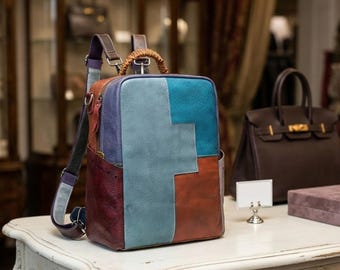 Mochila de cuero con patchwork: retro multicolor (bolsa de viaje unisex)