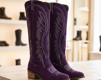 Purple Suede Western Boots, Tall Cowboy Style, Mid Heel Zipper